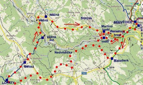 trasa pěšího pochodu z Nedvědice přes Bor, Lopaty, Střítež, Věžnou, Smrček a Pernštejn do Nedvědice 21.4.2012