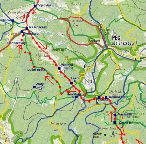 na běžkách z Výrovky přes Liščí horu na Černou horu a zpět po Luční cestě přes Dvorskou boudu 9.3.2012