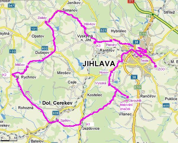 trasa z Jihlavy přes Okrouhlík do Nového Rychnova, Dusejova, Simanova, Vyskytné a zpět do Jihlavy