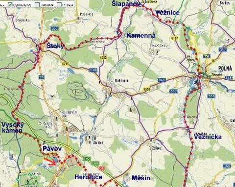 denní trasa Pávov-Heroltice-Rytířsko-Polná-Horní Věžnice-Šlapanov-Lutrián-Kamenná-Štoky-Vysoký kámen-Pávov