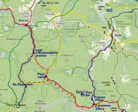 trasa z Modravy přes Březník a Černou horu na Kvildu