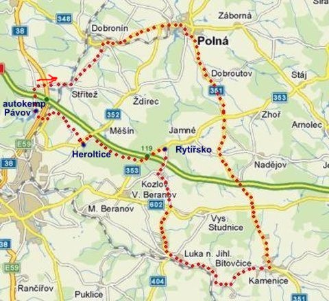 noční trasa Pávov-Střítež-Polná-Dobroutov-Kamenice-Luka-Rytířsko-Heroltice-Pávov