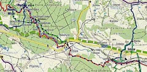 trasa pochodu ze Sobíňova do Horního Mlýna a zpět 6.8.2011