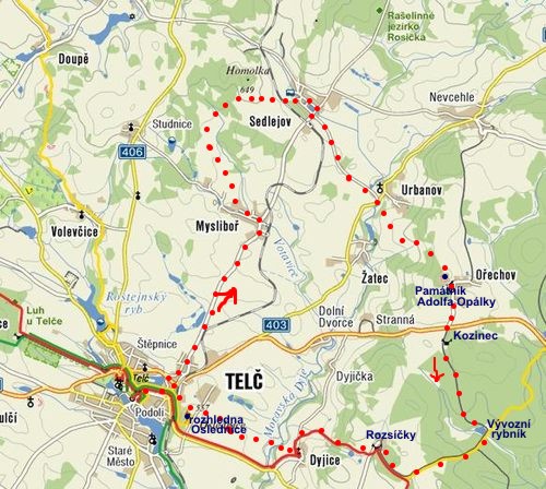 trasa pochodu Vysočinou k Telči 2010