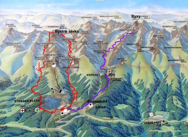 mapka přechodu z Mlynické do Furkotské doliny, fialově vyznačena trasa na Rysy