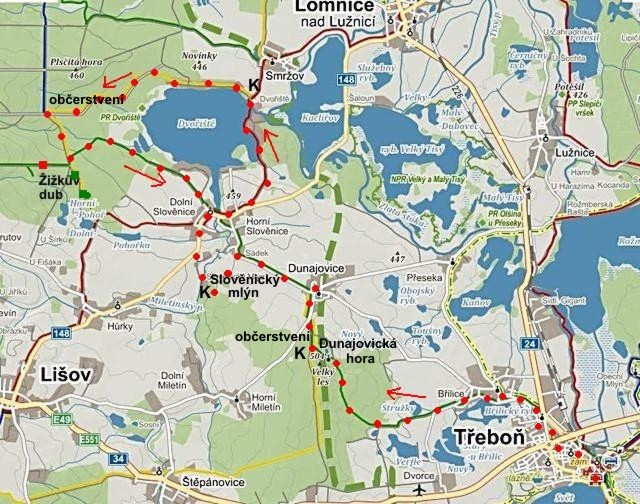 trasa z Třeboně přes Dunajovice a Slověnice, kolem Dvořiště a zpět do Slověnic 21.8.2014