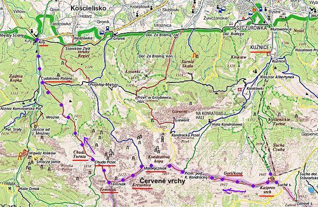 trasa z Kasprova vrchu přes Goričkovou, Kondratovou kopu, Malolučniak, Kresanicu a Temniak, Chudou Turniu a Čudákovu Polanu do obce Kiry 11.8.2014