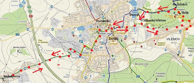 trasa z Hněvkovic do Humpolce, pak po NS Březina na hrad Orlík, k rozcestí Na Štůlách a zpět do Humpolce a Hněvkovic 4.10.2014