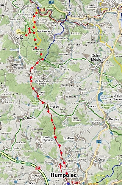 trasa vycházky z Humpolce přes Proseč a Rohuli, přes vrchol Melechova ke tvrzi a na Stvořidla 25.10.2014