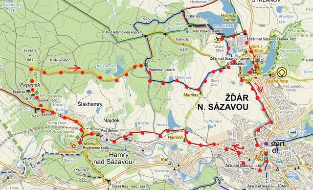 trasa ze Žďáru přes Hamry, Peperek, jezírko Vápenice k Mamlasovi a Pilské nádrži, pak do centra Žďáru 26.10.2014