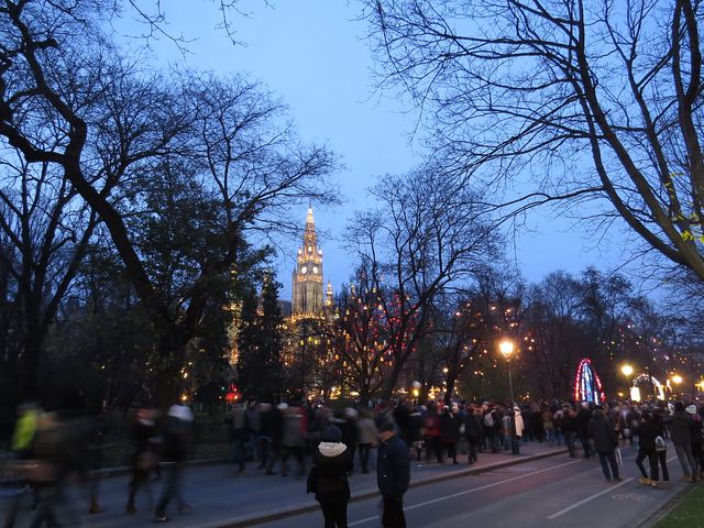osvětlená věž radnice a vánočně vyzdobené stromy v parku; www.svatosi.cz