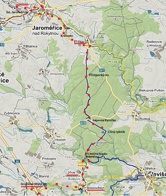 trasa z Grešlového Mýta přes Boskovštejn, Jiřice, Bukovinu a Příštpo do Jaroměřic, pak na ČD do Popovic 29.11.2014