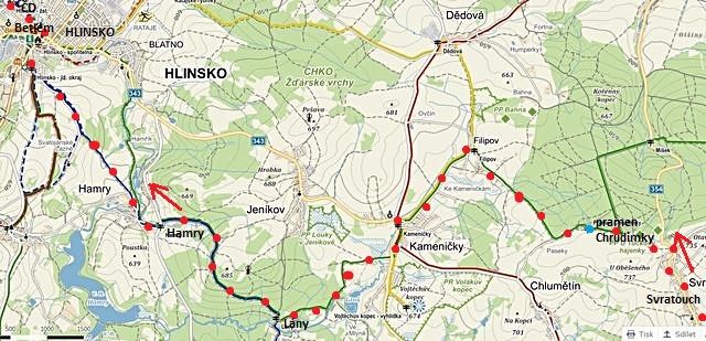 trasa ze Svratouchu k prameni Chrudimky, přes Kameničky a Hamry do Hlinska 30.12.2014