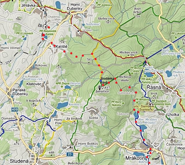 trasa z Mrákotína na Javořici a kolem Studánky Páně přes Kaliště do Jihlávky na vlak 31.12.2014