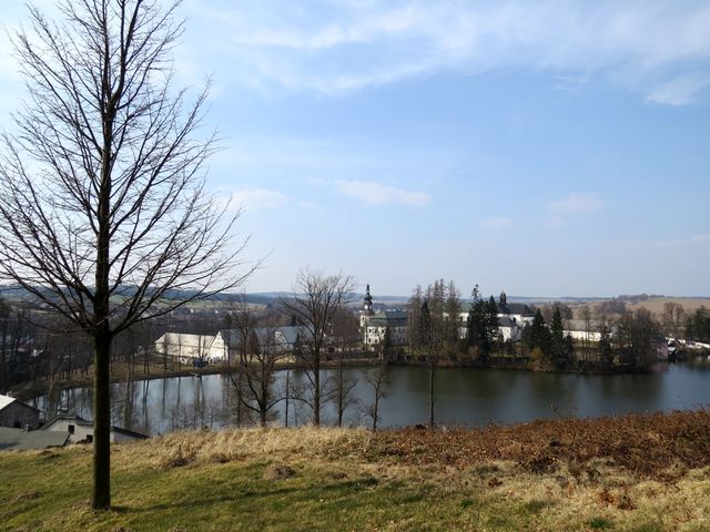 pohled ze Zelené hory přes Konventní rybník na zámecký (dříve klášterní) komplex