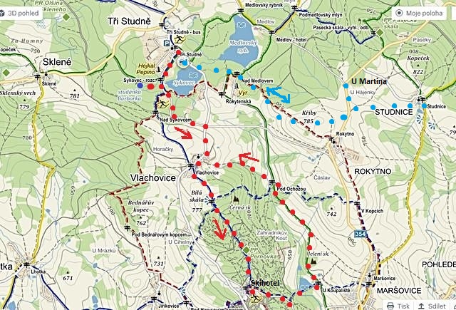 výlet ke studánkám, pak do Vlachovic, na Bílou skálu a k hotelu Ski, pak zpět na Tři Studně 21.2.2015; modře je vyznačená trasa běžkařů