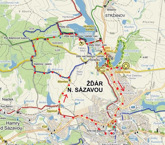 trasa zahajovacího pochodu ze Žďáru přes jezírko Vápenice, kolem Pilské nádrže, zastavení na Zelené hoře a návrat do Žďáru 21.3.2015