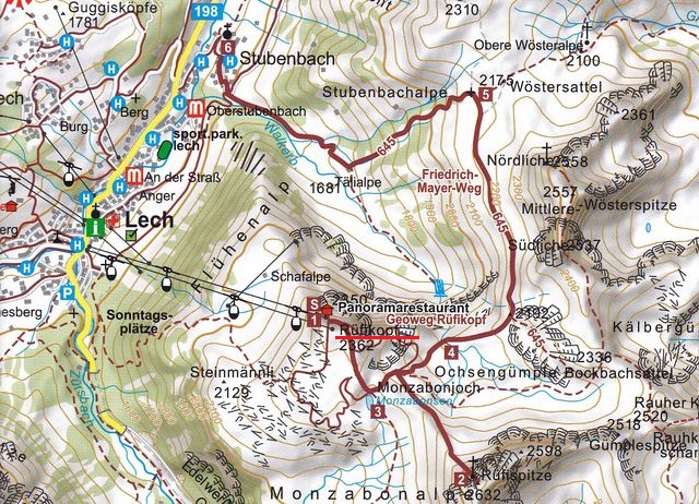 mapka cest na masivu Rüfikopf nad údolím řeky Lech