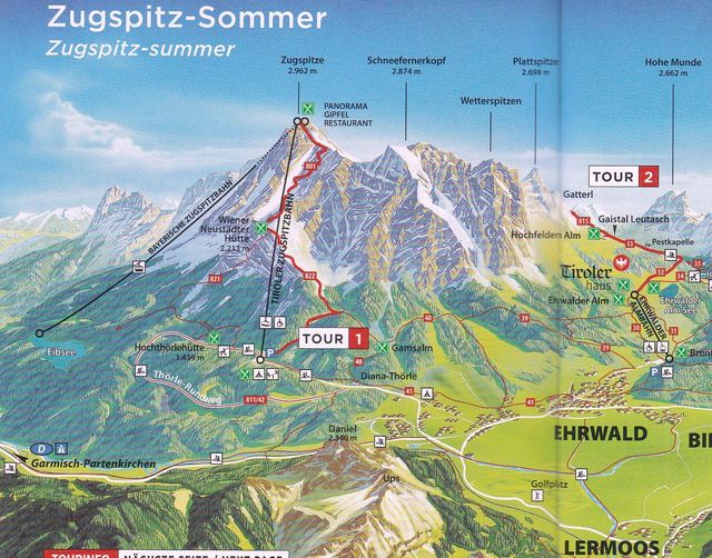 situační plánek možností výstupu na nejvyšší horu Německa