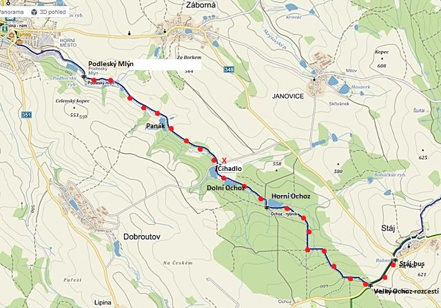 trasa od Čihadla k Podleskému mlýnu a zpět - 26.5.2015; trasa od Čihadla přes Ochoz do Stáje - 8.6.2015