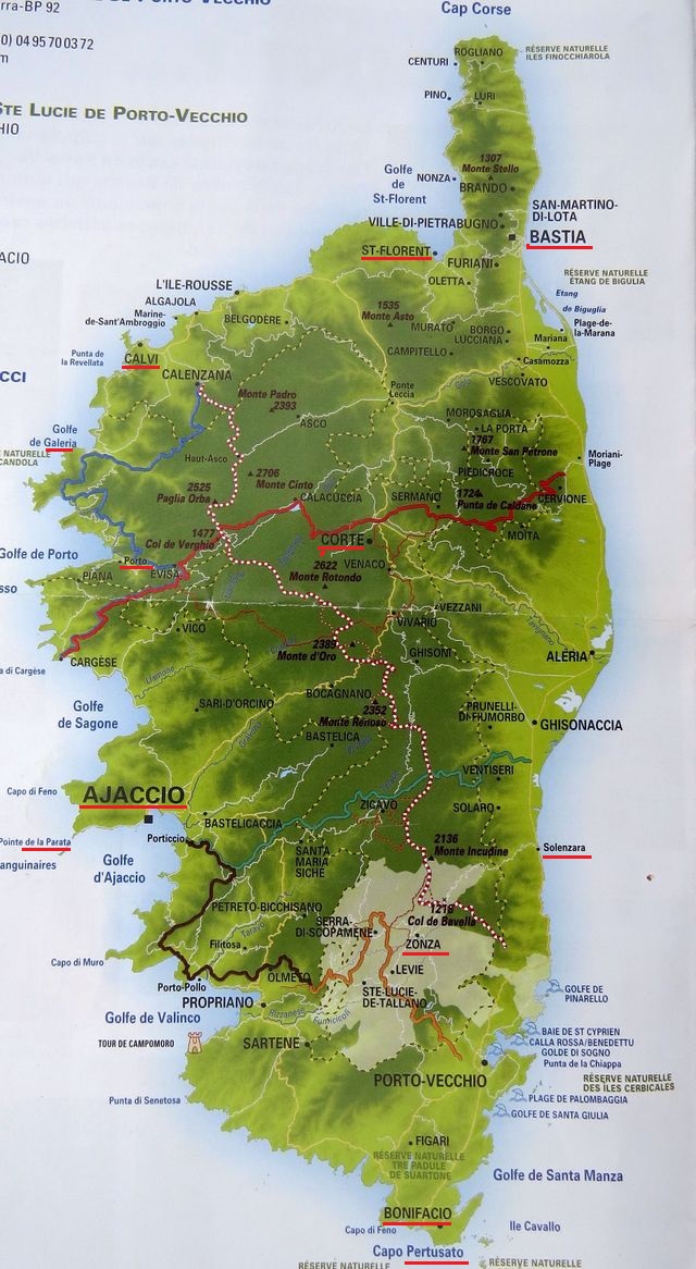 na mapce ostrova jsou vyznačena některá místa, kde jsme pobývali