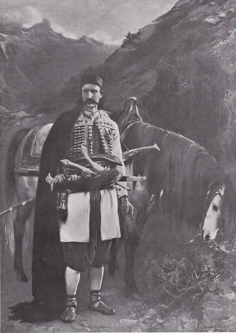 Černohorský glavar s koněm, Jaroslav Čermák, olej 1865