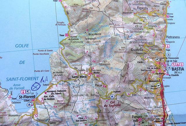 mapka severu Korsiky - z Bastie do Saint Florent je asi 24 km - 18.7.2015