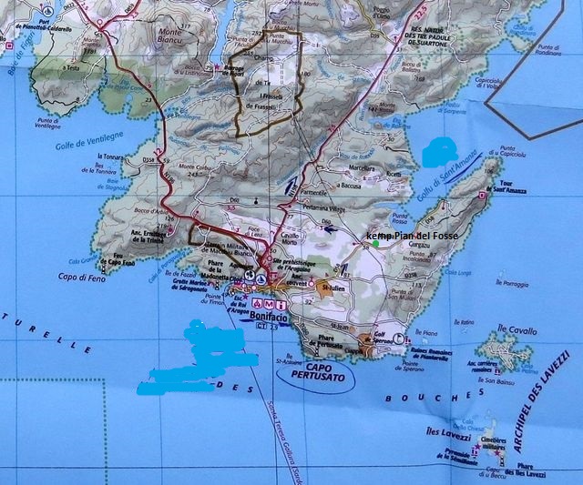 mapka nejjižnější části Korsiky - Bonifacio a mys Pertusato