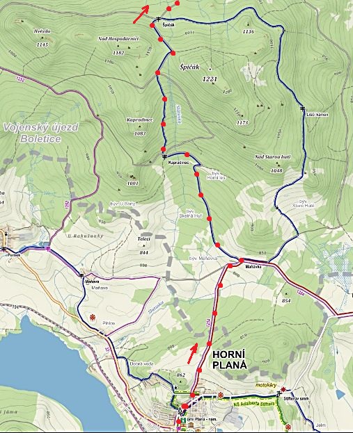 trasa z Horní Plané přes Maňávku a Kapradinec na rozcestí Špičák - 1. část etapy 22.8.2015