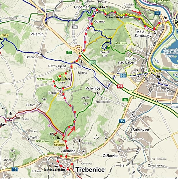 pěší výlet z Třebenic přes jrad Košťál na Boreč, do Opárna a údolím do Malých Žernosek 28.8.2015