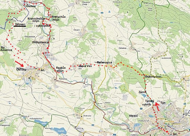 trasa z Třebíče přes Račerovice a Přibyslavice do Číchova a na Jalovec, pak do Okříšek na vlak 12.9.2015