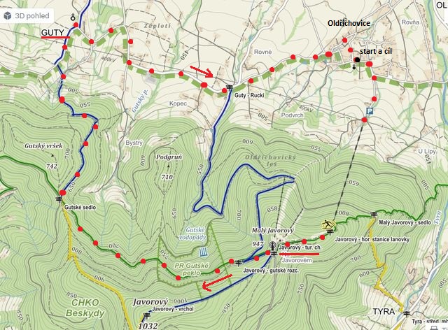 trasa z Javorového vrchu přes Gutské sedlo, do vsi Guty a pak do Oldřichovic 29.9.2015