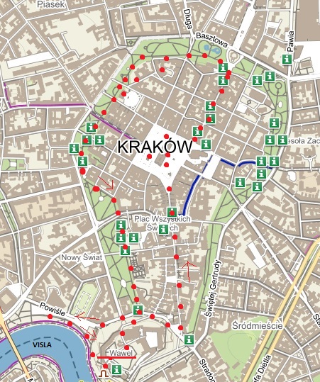centrum Krakova a trasa naší vycházky