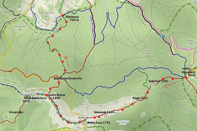 trasa ze sedla Krowiarki přes Sokolicu a Gówniak na Babí horu, ze sedla Brona (Brána) do střediska Markowa 30.10.2015