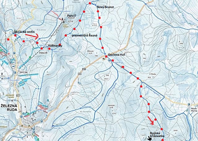 trasa ze Špičáckého sedla přes Hofmanky, Nový Brunst na Gerlovu Huť, dále na Rudskou křižovatku - 1. část, 30.1.2016