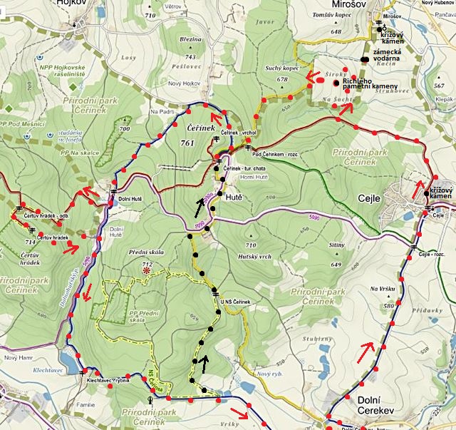 trasa Čeřínek - Čertův hrádek - Dolní Cerekev - Cejle - nad Mirošovem - Čeřínek 19.3.2016