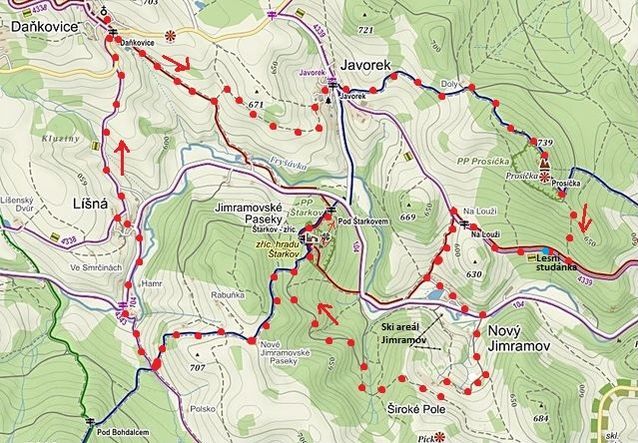 trasa z Daňkovic přes Javorek na Prosičku, do Nového Jimramova, na Štarkov, a přes Líšnou zpět do Daňkovic 7.5.2016