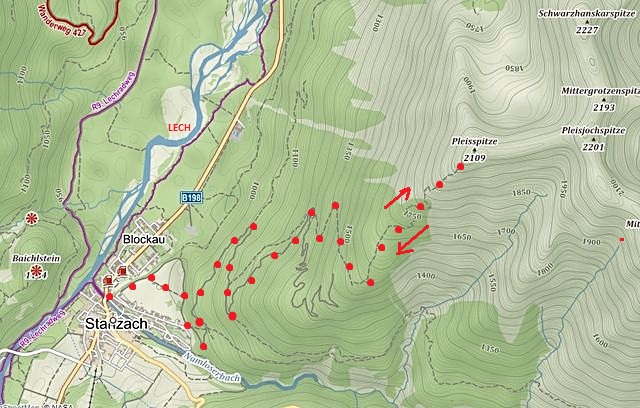 túra ze Stanzachu na vrchol hory Pleisspitze, stejnou cestou zpět 20.6.2016