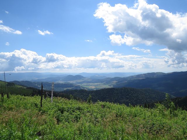 výhled z hřebene Trsteníku na Stolické vrchy