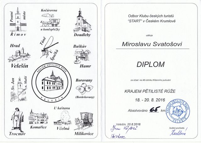 diplom s vyobrazením razítek, která poutníci získali na letošních trasách