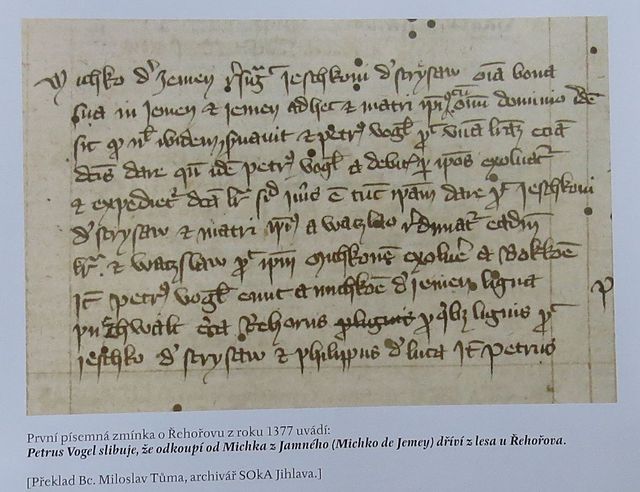 archivní listina z roku 1377 - dosud první zjištěná písemná zmínka o Řehořovu