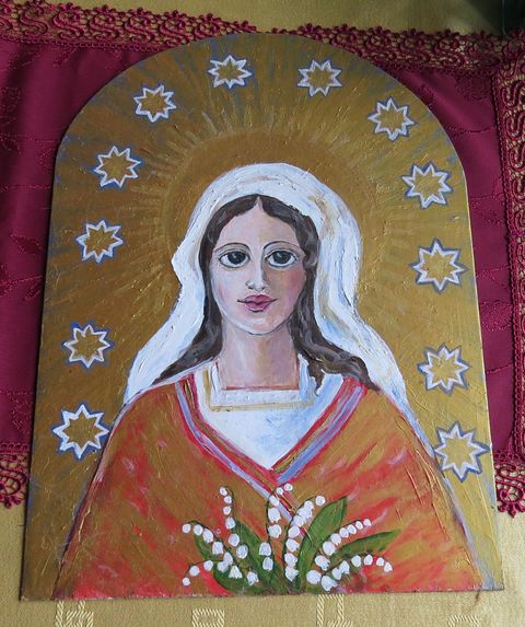 tuto Madonu s konvalinkami namalovala na kovovou desku paní Dohnalová - obrázek je určen pro boží muka