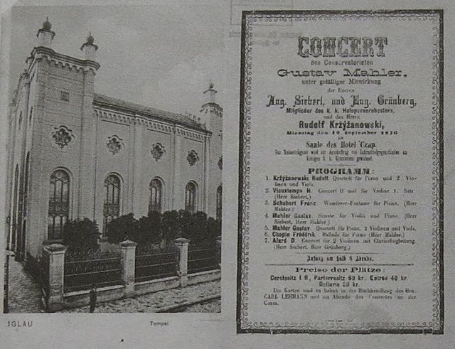 synagoga vypálená v roce 1939, vedle program koncertu z r. 1876 - GM už byl žákem vídeňské konzervatoře