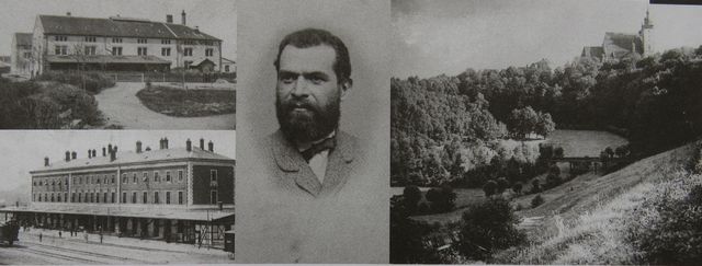 fotografie z dob Mahlerových - nahoře pivovar, pod ním budova nádraží, uprostřed Heinrich Fischer, vpravo údolí Heulos a kostel sv. Jakuba