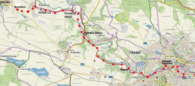 trasa z Třebíče přes Padrtův a Červený mlýn do Petrovic 18.3.2017
