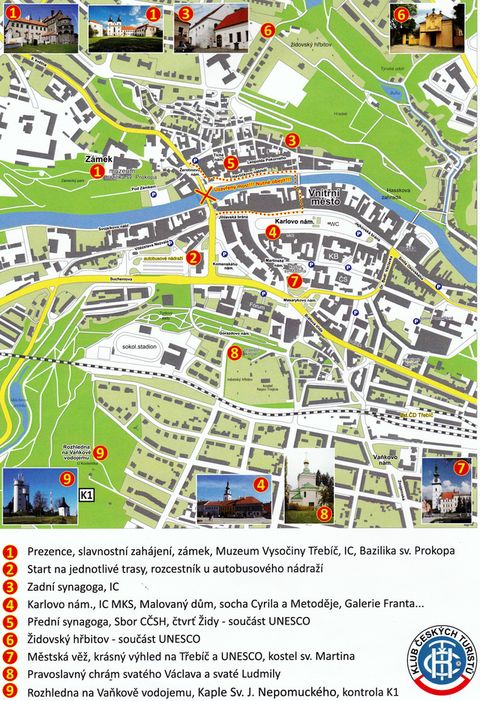 mapka centra Třebíče s vyznačenými možnostmi prohlídek