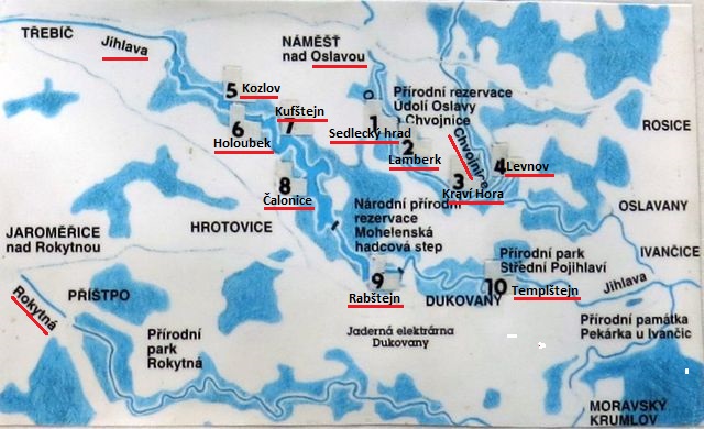přehledná mapka hradů - č.1–4 leží na Oslavě, č.5–10 na řece Jihlavě