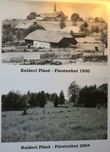 obec Knížecí Pláně byla založena v roce 1792 knížetem Schwarzenbergem ve výšce 1 021 m n. m., mívala 60 stavení a asi 700 obyvatel - historické foto a současnost